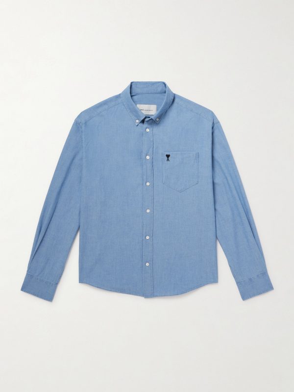 Button-Down Collar Logo-Embroidered Cotton-Chambray Shirt Button-Down Collar Logo-Embroidered Cotton-Chambray Shirt