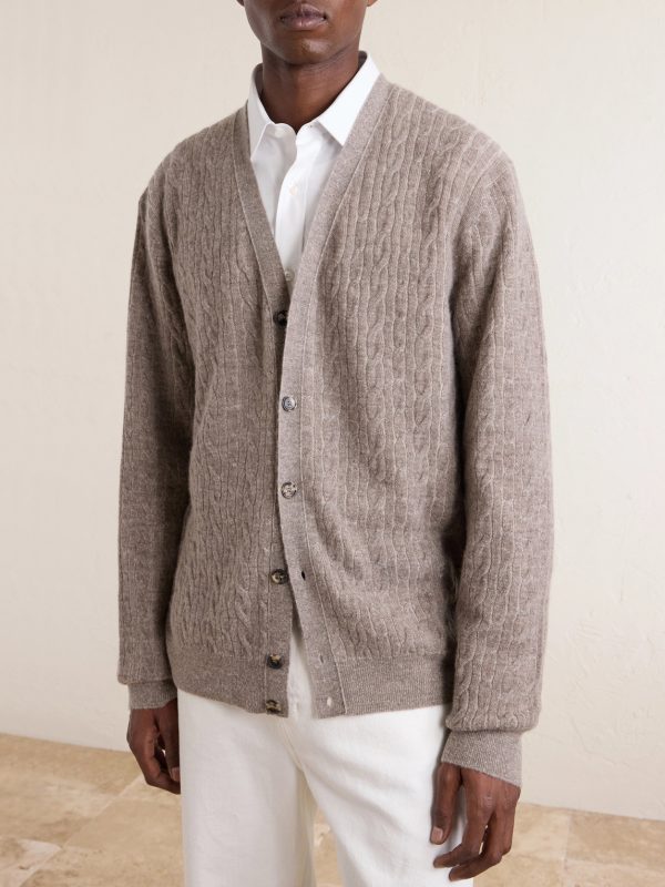 Walnut Cable-Knit Virgin Wool, Cashmere and Silk-Blend Cardigan - FR Walnut Cable-Knit Virgin Wool, Cashmere and Silk-Blend Cardigan - FR