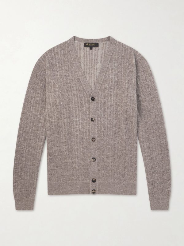 Walnut Cable-Knit Virgin Wool, Cashmere and Silk-Blend Cardigan Walnut Cable-Knit Virgin Wool, Cashmere and Silk-Blend Cardigan