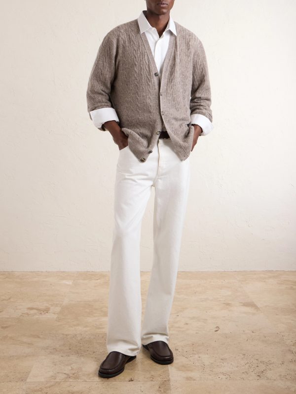 Walnut Cable-Knit Virgin Wool, Cashmere and Silk-Blend Cardigan - OU Walnut Cable-Knit Virgin Wool, Cashmere and Silk-Blend Cardigan - OU
