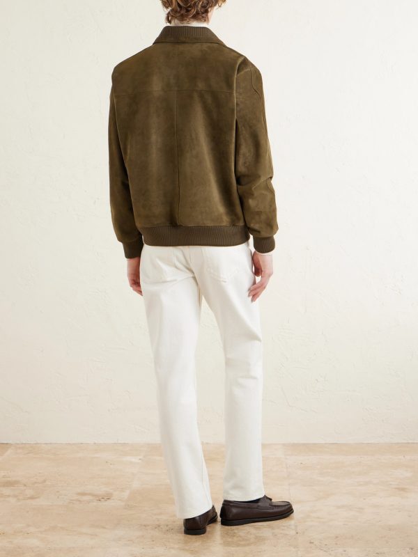 Ribbed Knit-Trimmed Suede Bomber Jacket - BK