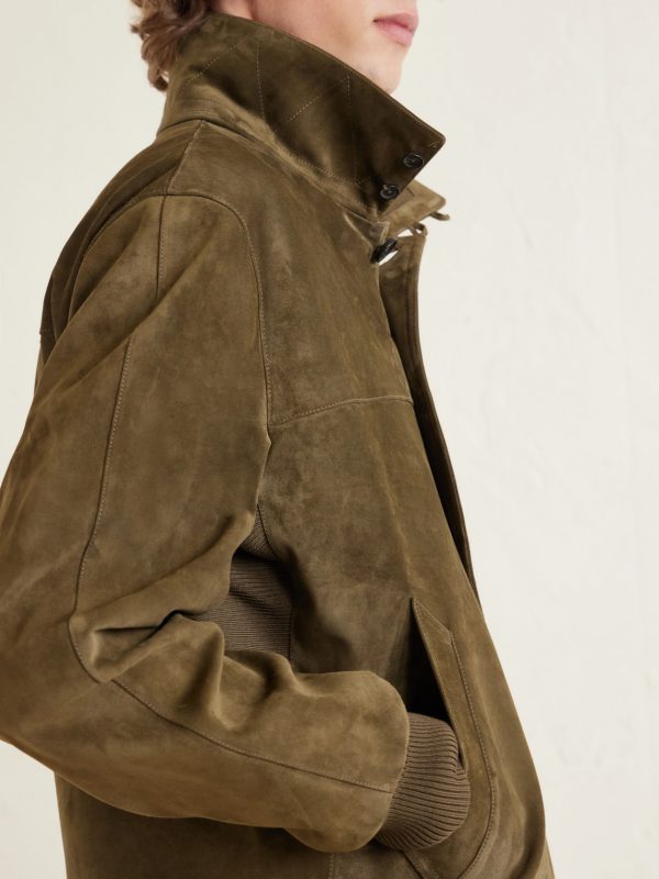 Ribbed Knit-Trimmed Suede Bomber Jacket - CU