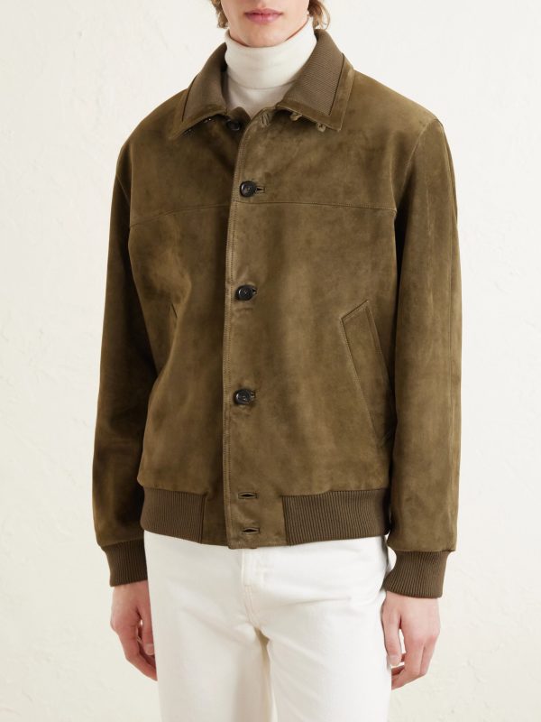 Ribbed Knit-Trimmed Suede Bomber Jacket - FR