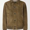 Ribbed Knit-Trimmed Suede Bomber Jacket