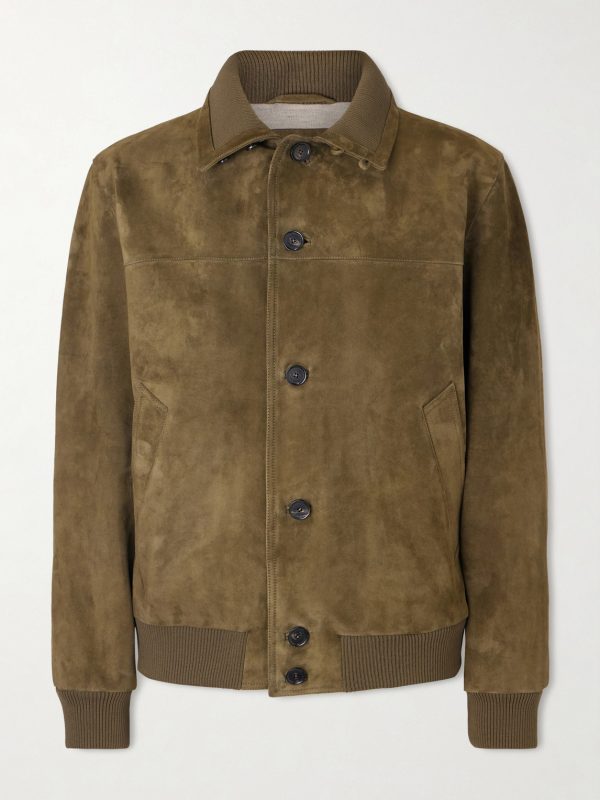 Ribbed Knit-Trimmed Suede Bomber Jacket