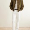 Ribbed Knit-Trimmed Suede Bomber Jacket - OU