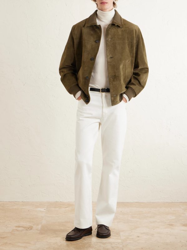 Ribbed Knit-Trimmed Suede Bomber Jacket - OU