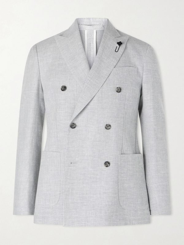 Roma Slim-Fit Embellished Double-Breasted Wool and Linen-Blend Blazer Roma Slim-Fit Embellished Double-Breasted Wool and Linen-Blend Blazer