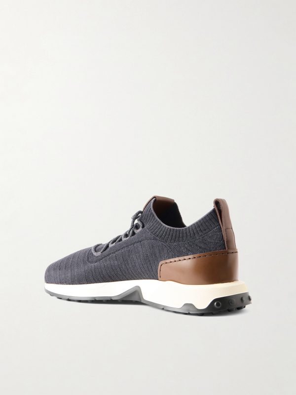 Leather-Trimmed Stretch-Knit Sneakers - BK Leather-Trimmed Stretch-Knit Sneakers - BK
