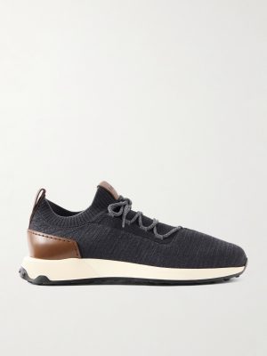 Leather-Trimmed Stretch-Knit Sneakers