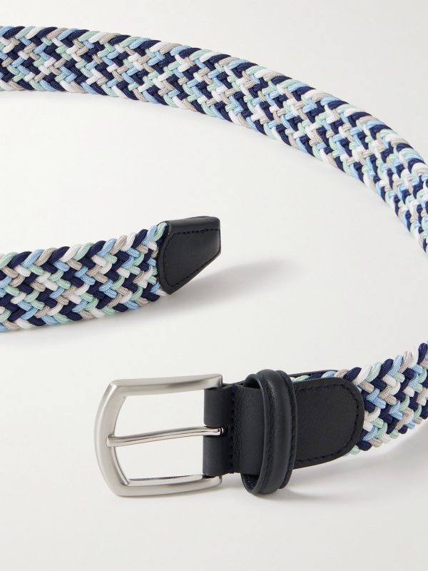 3.5cm Leather-Trimmed Woven Elastic Belt - E1