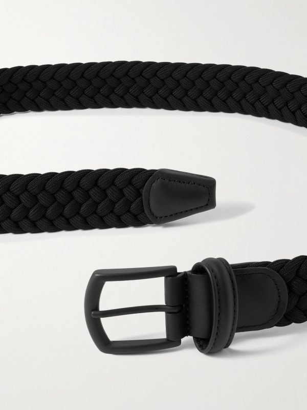 3.5cm Leather-Trimmed Woven Elastic Belt - E1