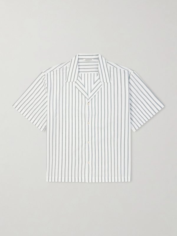 Samata Camp-Collar Striped Cotton, Silk and Linen-Blend Shirt Samata Camp-Collar Striped Cotton, Silk and Linen-Blend Shirt