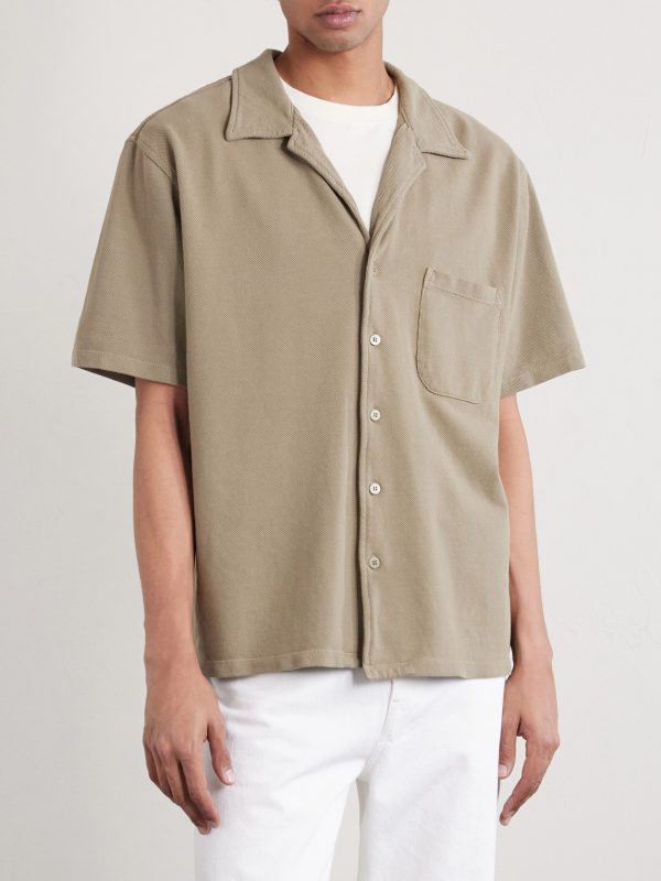 Camp-Collar Garment-Dyed Structured Piqué-Jersey Cuban Shirt - FR Camp-Collar Garment-Dyed Structured Piqué-Jersey Cuban Shirt - FR