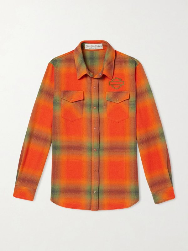 + Harley-Davidson Olive Logo-Embroidered Checked Cashmere-Flannel Shirt + Harley-Davidson Olive Logo-Embroidered Checked Cashmere-Flannel Shirt