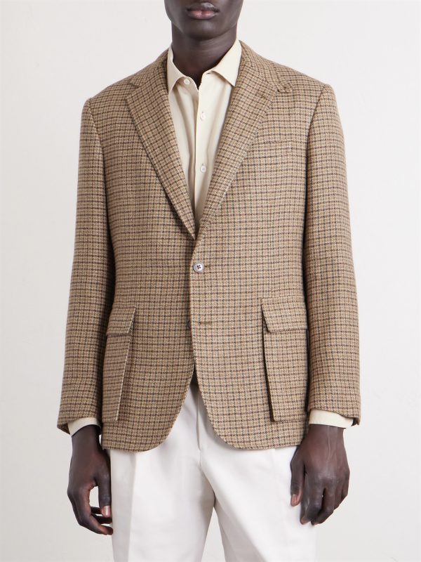 Kent Suede-Trimmed Checked Linen and Wool-Blend Blazer - FR Kent Suede-Trimmed Checked Linen and Wool-Blend Blazer - FR