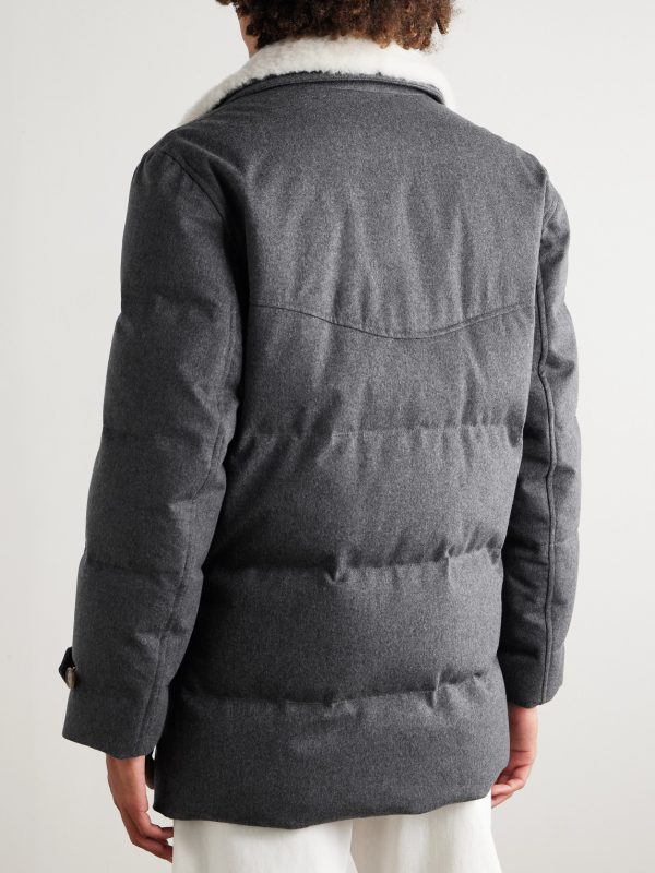 Double-Breasted Shearling-Trimmed Quilted Wool Down Jacket - BK
