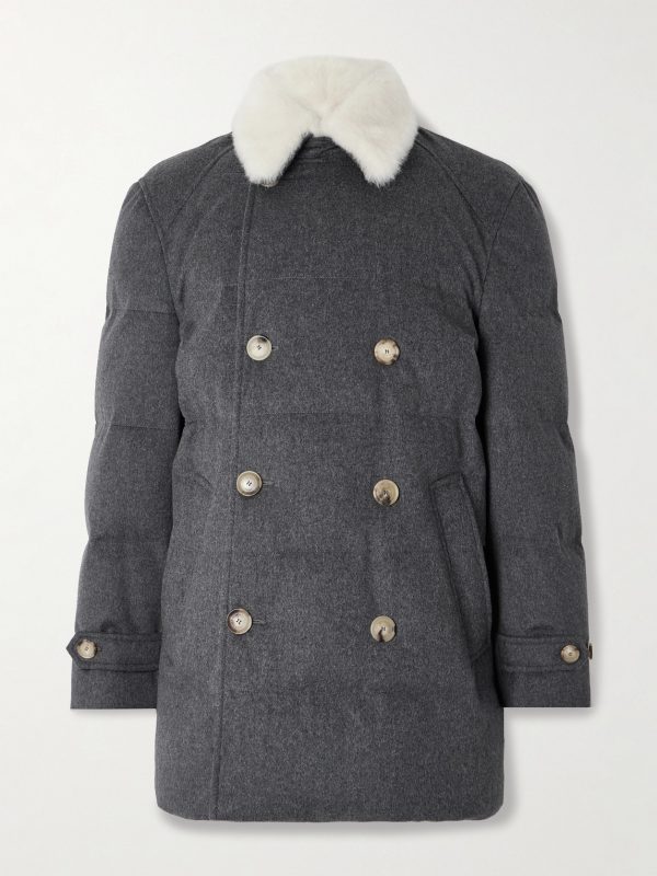 Double-Breasted Shearling-Trimmed Quilted Wool Down Jacket