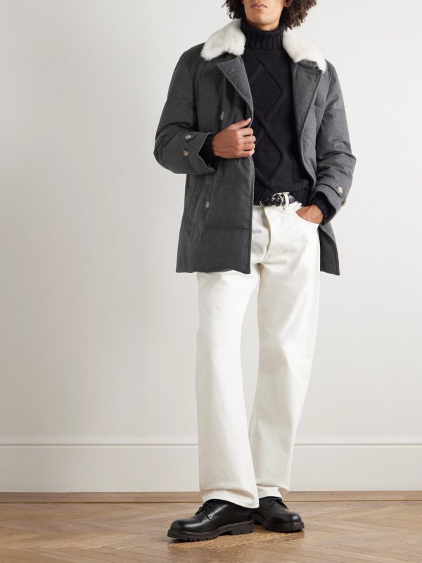 Double-Breasted Shearling-Trimmed Quilted Wool Down Jacket - OU