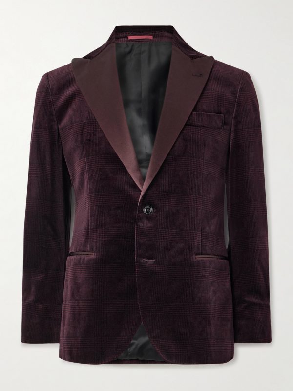 Slim-Fit Satin-Trimmed Prince of Wales Checked Cotton-Velvet Tuxedo Jacket Slim-Fit Satin-Trimmed Prince of Wales Checked Cotton-Velvet Tuxedo Jacket