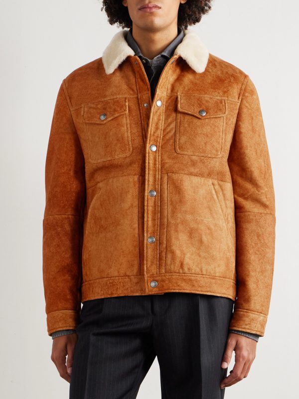 Shearling-Trimmed Suede Trucker Jacket - FR Shearling-Trimmed Suede Trucker Jacket - FR