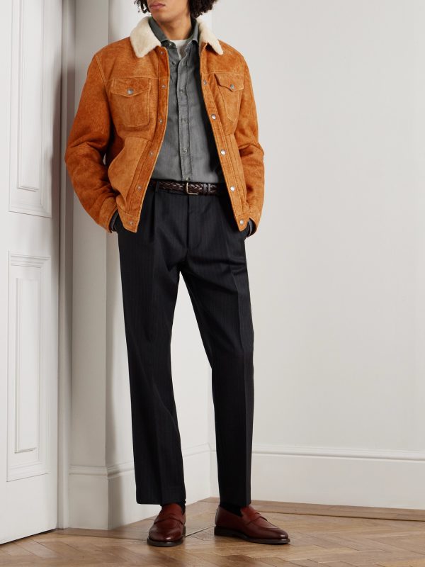 Shearling-Trimmed Suede Trucker Jacket - OU Shearling-Trimmed Suede Trucker Jacket - OU