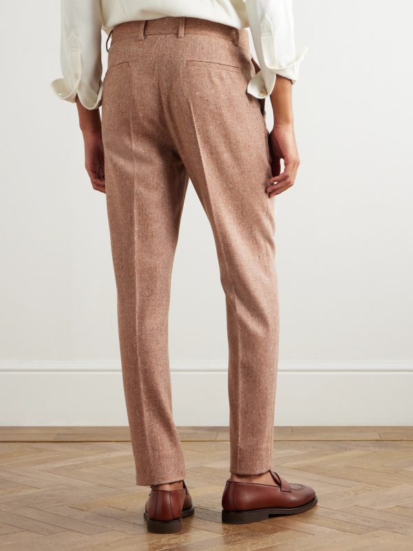 Straight-Leg Pleated Herringbone Wool and Cashmere-Blend Trousers - BK