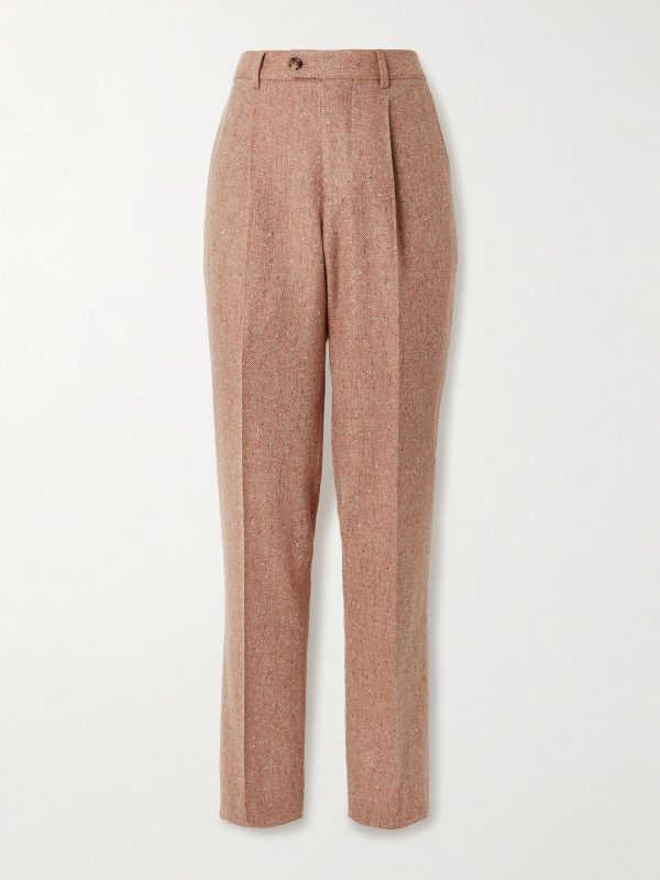 Straight-Leg Pleated Herringbone Wool and Cashmere-Blend Trousers