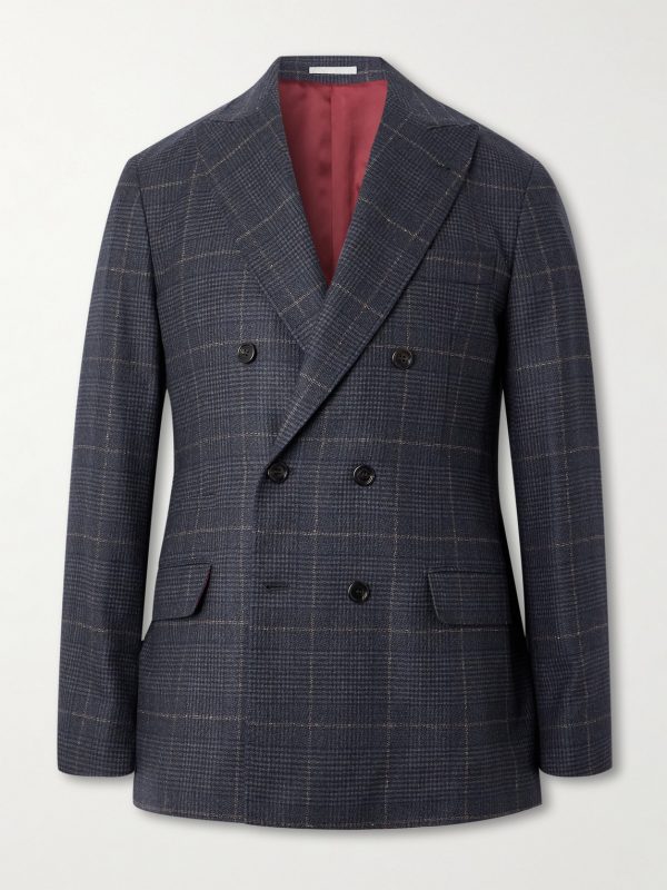 Checked Double-Breasted Cashmere and Virgin Wool-Blend Suit Jacket