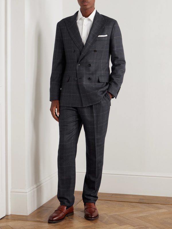 Checked Double-Breasted Cashmere and Virgin Wool-Blend Suit Jacket - OU