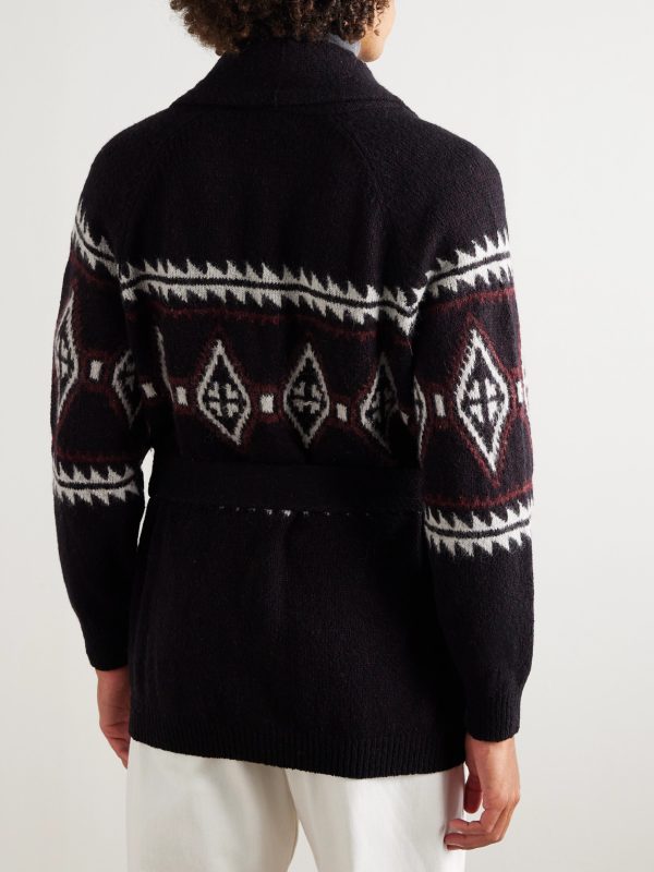 Shawl-Collar Belted Jacquard-Knit Wool, Silk and Cashmere-Blend Cardigan - BK Shawl-Collar Belted Jacquard-Knit Wool, Silk and Cashmere-Blend Cardigan - BK