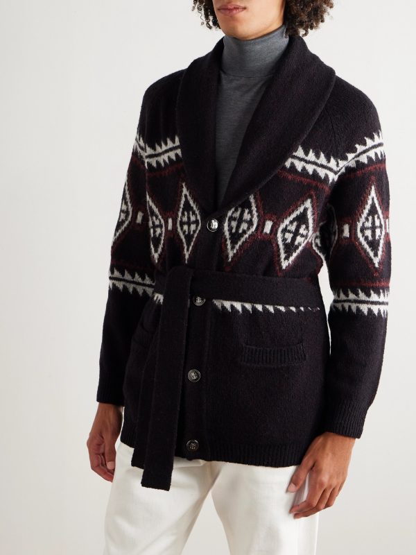Shawl-Collar Belted Jacquard-Knit Wool, Silk and Cashmere-Blend Cardigan - FR Shawl-Collar Belted Jacquard-Knit Wool, Silk and Cashmere-Blend Cardigan - FR