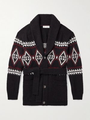 Shawl-Collar Belted Jacquard-Knit Wool, Silk and Cashmere-Blend Cardigan Shawl-Collar Belted Jacquard-Knit Wool, Silk and Cashmere-Blend Cardigan