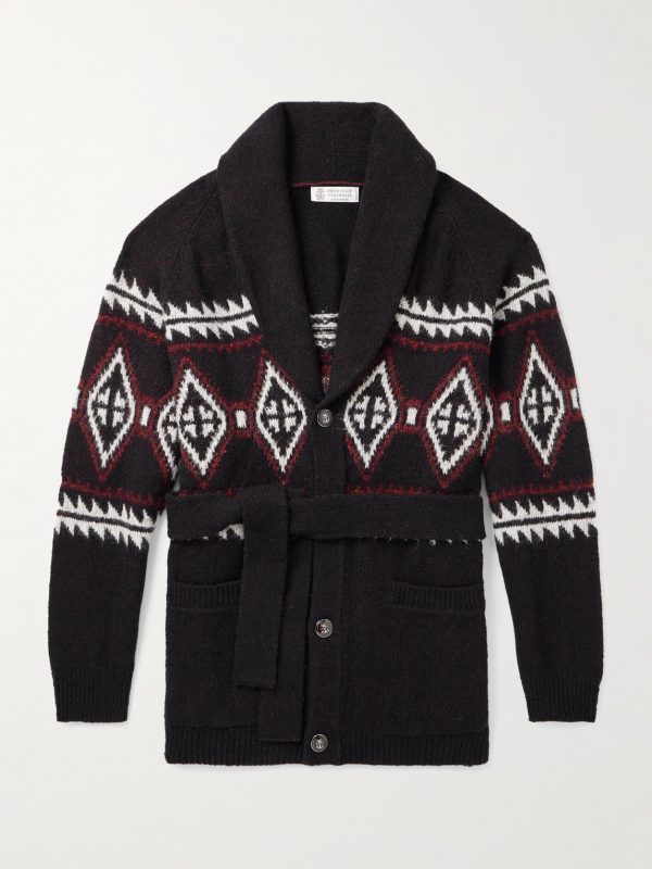 Shawl-Collar Belted Jacquard-Knit Wool, Silk and Cashmere-Blend Cardigan Shawl-Collar Belted Jacquard-Knit Wool, Silk and Cashmere-Blend Cardigan