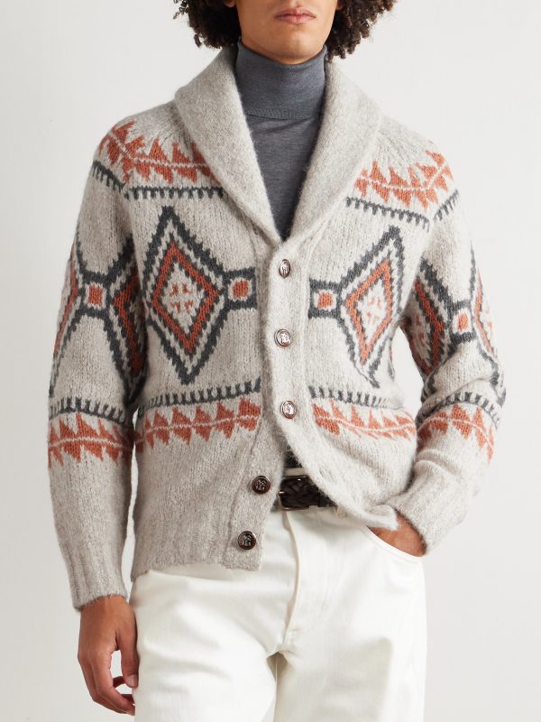 Shawl-Collar Jacquard-Knit Alpaca-Blend Cardigan - FR Shawl-Collar Jacquard-Knit Alpaca-Blend Cardigan - FR
