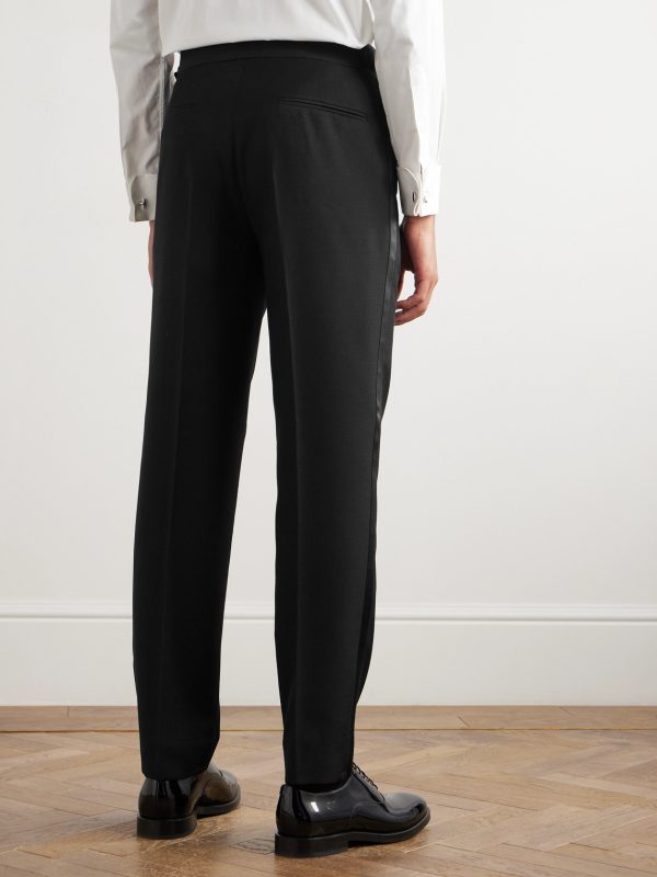 Tapered Pleated Satin-Trimmed Silk, Wool and Mohair-Blend Trousers - BK Tapered Pleated Satin-Trimmed Silk, Wool and Mohair-Blend Trousers - BK