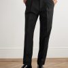 Tapered Pleated Satin-Trimmed Silk, Wool and Mohair-Blend Trousers - FR Tapered Pleated Satin-Trimmed Silk, Wool and Mohair-Blend Trousers - FR