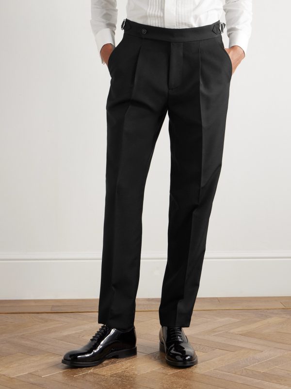 Tapered Pleated Satin-Trimmed Silk, Wool and Mohair-Blend Trousers - FR Tapered Pleated Satin-Trimmed Silk, Wool and Mohair-Blend Trousers - FR