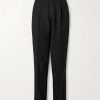 Tapered Pleated Satin-Trimmed Silk, Wool and Mohair-Blend Trousers Tapered Pleated Satin-Trimmed Silk, Wool and Mohair-Blend Trousers