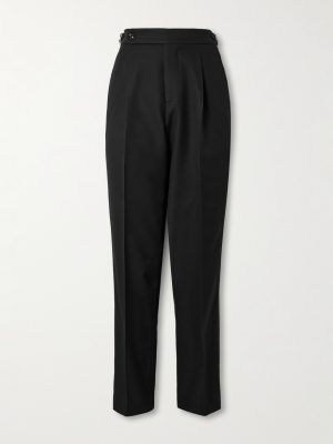 Tapered Pleated Satin-Trimmed Silk, Wool and Mohair-Blend Trousers
