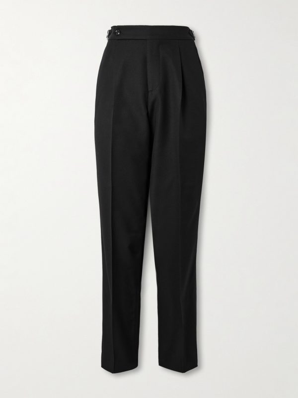 Tapered Pleated Satin-Trimmed Silk, Wool and Mohair-Blend Trousers Tapered Pleated Satin-Trimmed Silk, Wool and Mohair-Blend Trousers