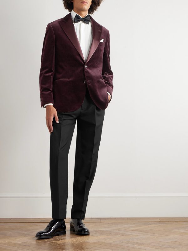Tapered Pleated Satin-Trimmed Silk, Wool and Mohair-Blend Trousers - OU Tapered Pleated Satin-Trimmed Silk, Wool and Mohair-Blend Trousers - OU