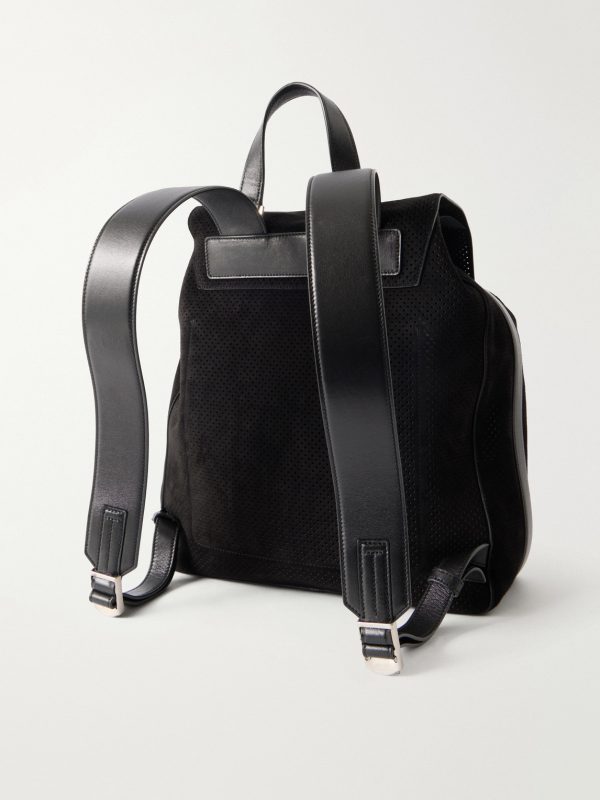 T Line Leather-Trimmed Perforated Suede Backpack - BK T Line Leather-Trimmed Perforated Suede Backpack - BK