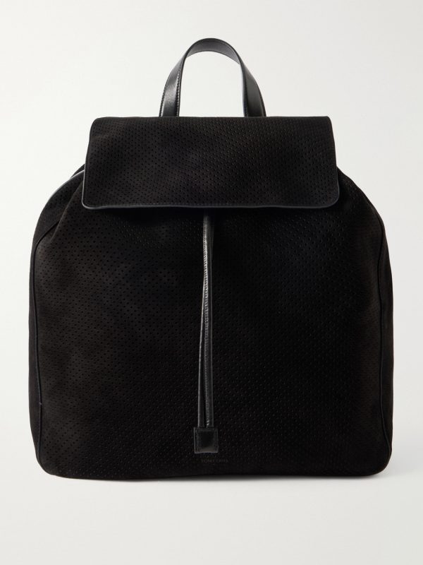 T Line Leather-Trimmed Perforated Suede Backpack T Line Leather-Trimmed Perforated Suede Backpack
