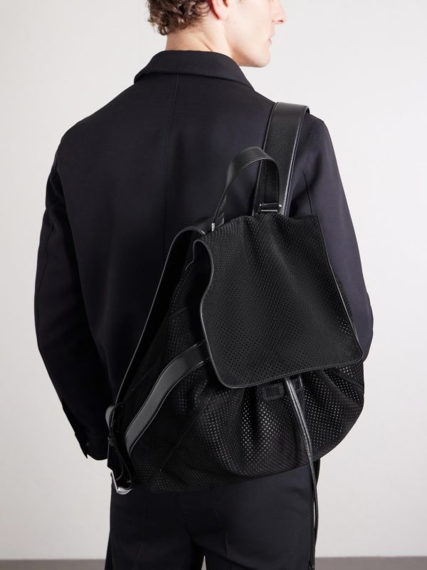 T Line Leather-Trimmed Perforated Suede Backpack - OU T Line Leather-Trimmed Perforated Suede Backpack - OU