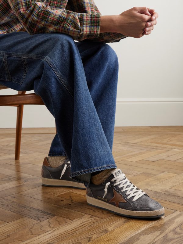 Ball Star Distressed Suede-Trimmed Leather Sneakers - OU