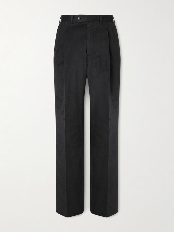 Straight-Leg Pleated Peached Cotton-Blend Trousers