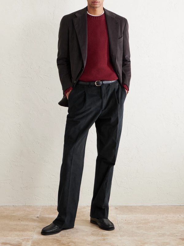 Straight-Leg Pleated Peached Cotton-Blend Trousers - OU