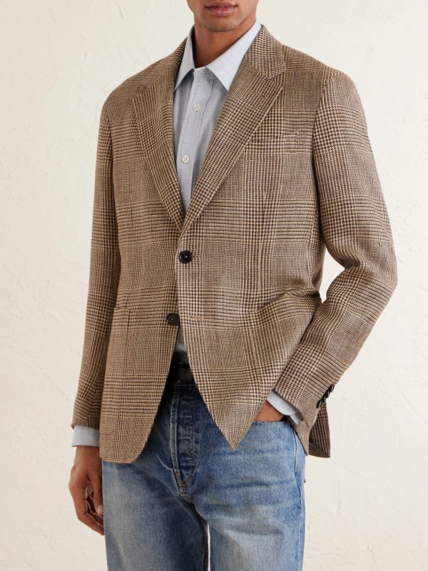 Houndstooth Linen, Silk and Wool-Blend Blazer - FR Houndstooth Linen, Silk and Wool-Blend Blazer - FR