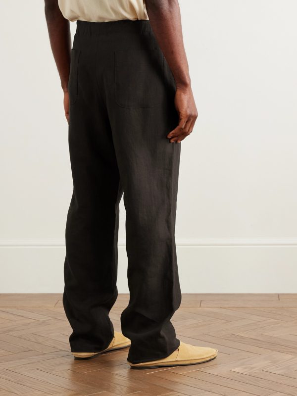 Straight-Leg Pleated Linen Drawstring Trousers - BK Straight-Leg Pleated Linen Drawstring Trousers - BK